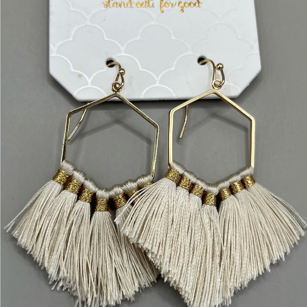 Beige Tassel, Gold tone Hoop Pierced Earrings